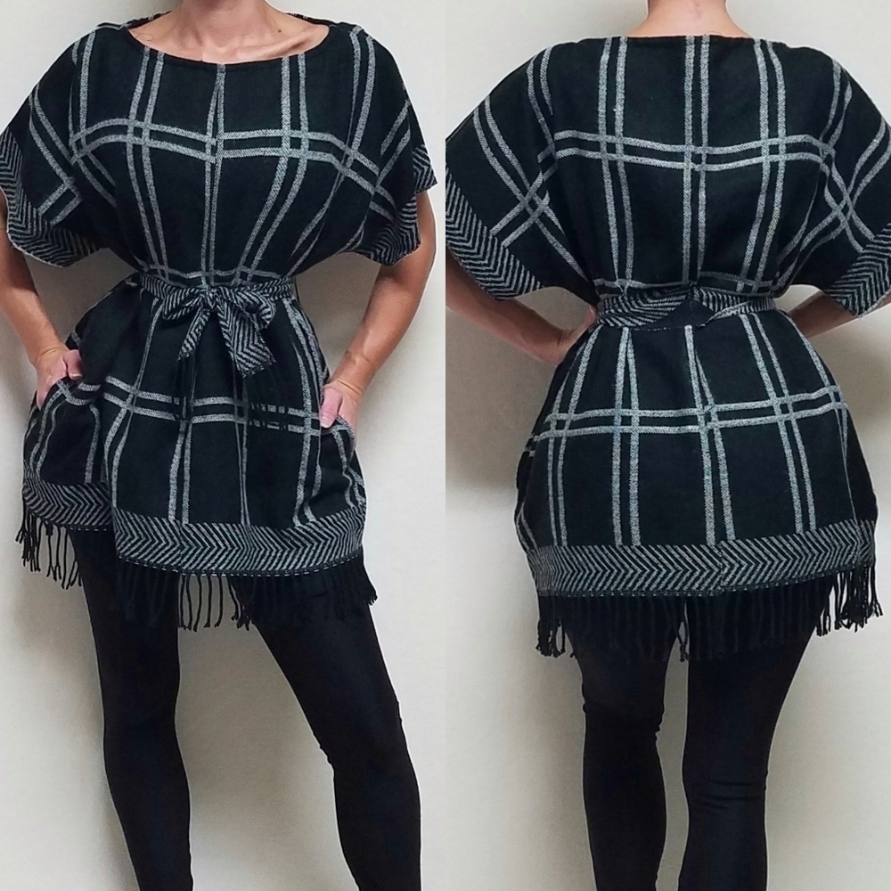 VINTAGE Handmade Black Plaid Wool Blend Boatneck Tie-Waist Fringe Poncho Top